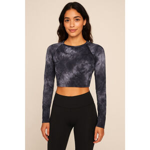 LA Society Women’s Athletic Crop Top M Gray Tie-Dye Long Sleeve Activewear NWT